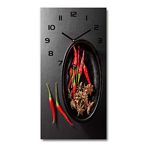 Tulup Glasuhr 30x60 cm - Schwarze Zeigern - Wanduhr Wandkunst Bild Gehärtetem Glas Uhr Echtglas Küche Wohnzimmer - Chilischoten von Tulup