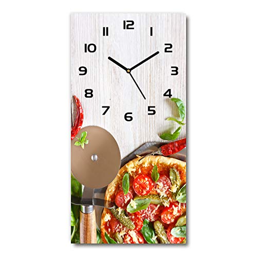 Tulup Glasuhr 30x60 cm - Schwarze Zeigern - Wanduhr Wandkunst Bild Gehärtetem Glas Uhr Echtglas Küche Wohnzimmer - Pizza von Tulup