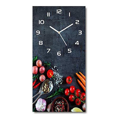 Tulup Glasuhr 30x60 cm - weißen Zeigern - Wanduhr Wandkunst Bild Gehärtetem Glas Uhr Echtglas Küche Wohnzimmer - Gemüse und Gewürze von Tulup
