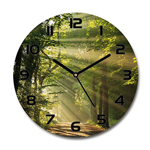 Tulup Glasuhr ⌀ 60cm - Schwarze Zeigern - Wanduhr Wandkunst Bild Gehärtetem Glas Uhr Echtglas Küche Wohnzimmer - Wald in der Sonne von Tulup