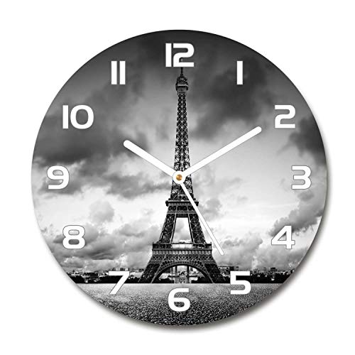 Tulup Glasuhr ⌀ 60cm - weißen Zeigern - Wanduhr Wandkunst Bild Gehärtetem Glas Uhr Echtglas Küche Wohnzimmer - Eiffelturm Paris von Tulup