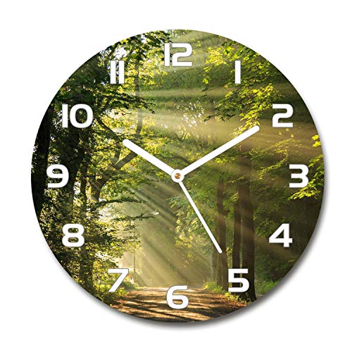 Tulup Glasuhr ⌀ 60cm - weißen Zeigern - Wanduhr Wandkunst Bild Gehärtetem Glas Uhr Echtglas Küche Wohnzimmer - Wald in der Sonne von Tulup