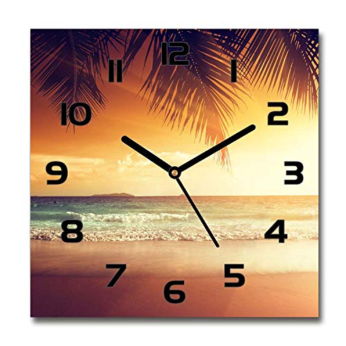 Tulup Glasuhr - 60x60cm - Schwarze Zeigern - Wanduhr Wandkunst Bild Gehärtetem Glas Uhr Echtglas Küche Wohnzimmer - Tropischer Strand von Tulup