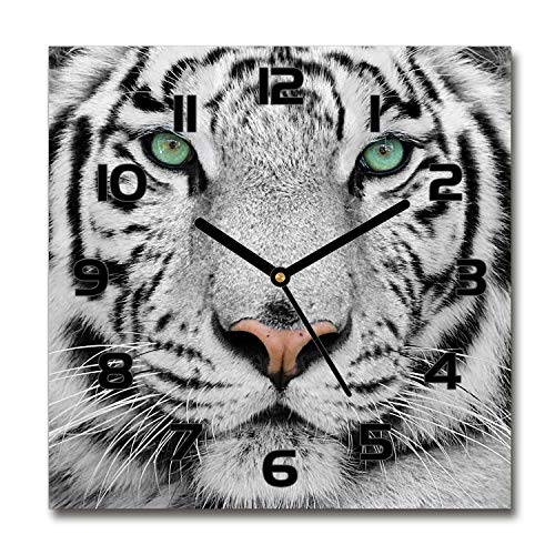 Tulup Glasuhr - 60x60cm - Schwarze Zeigern - Wanduhr Wandkunst Bild Gehärtetem Glas Uhr Echtglas Küche Wohnzimmer - Weißer Tiger von Tulup