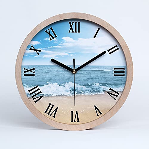 Tulup Holzuhr ⌀ 20cm Modern Runde Dekoration Uhr Holz Wanduhr Stille Uhren Schwarze Uhrzeiger - Strand von Tulup