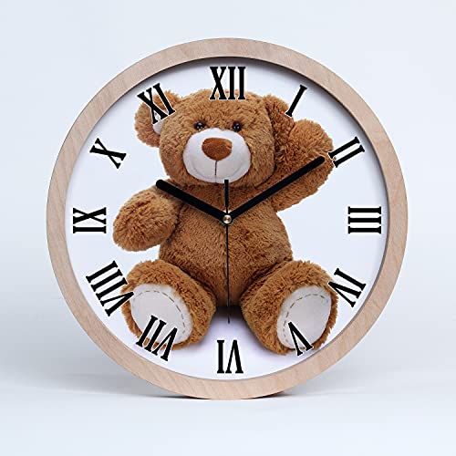 Tulup Holzuhr ⌀ 20cm Wanduhr Uhr Holz Dekoration Modern Runde Stille Uhren Schwarze Uhrzeiger - Teddybär von Tulup