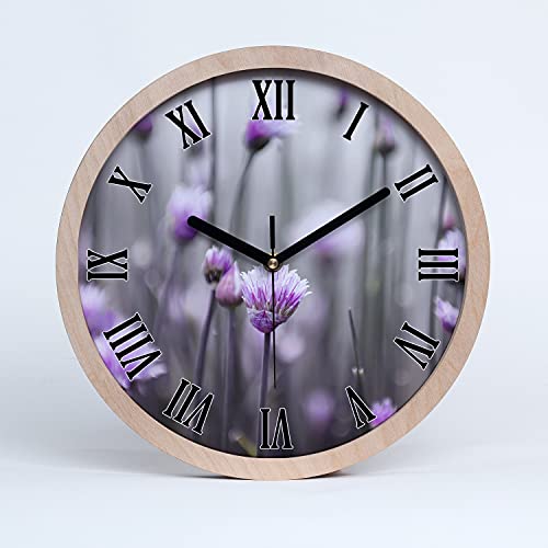 Tulup Holzuhr ⌀ 25cm Wanduhr Uhr Holz Dekoration Modern Runde Stille Uhren Schwarze Uhrzeiger - Schnittlauchblüten von Tulup