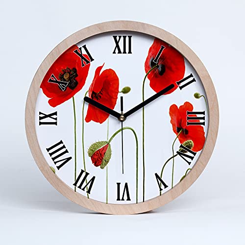 Tulup Holzuhr Uhr Holz ⌀ 30cm Dekoration Wanduhr Modern Runde Stille Uhren Schwarze Uhrzeiger - Mohnblumen von Tulup