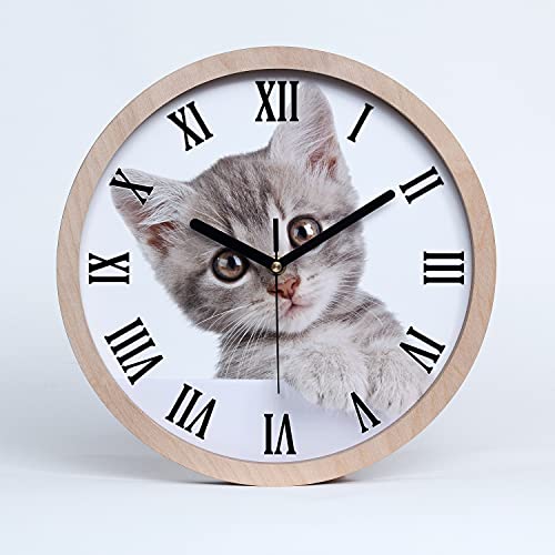 Tulup Holzuhr Uhr Holz Modern Runde ⌀ 25cm Dekoration Stille Uhren Wanduhr Schwarze Uhrzeiger - graue Katze von Tulup