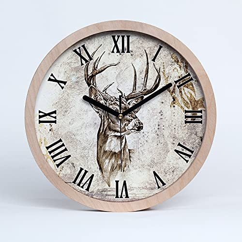 Tulup Holzuhr Wanduhr ⌀ 30cm Uhr Holz Stille Uhren Modern Runde Dekoration Schwarze Uhrzeiger - Hirsch von Tulup