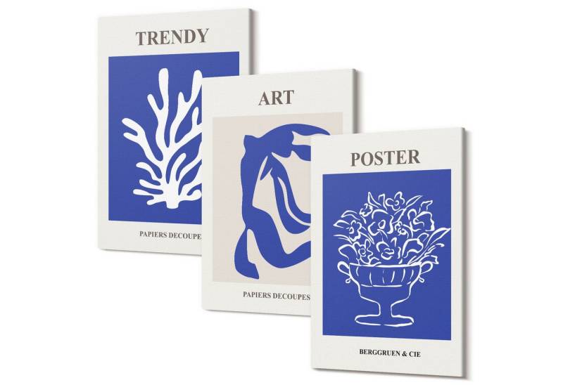 Tulup Mehrteilige Bilder Bilder-Collage 3 Canvas Set Wandbilder Blau, (3 St), Matisses abstrakte Poster, Kunst Motiv von Tulup