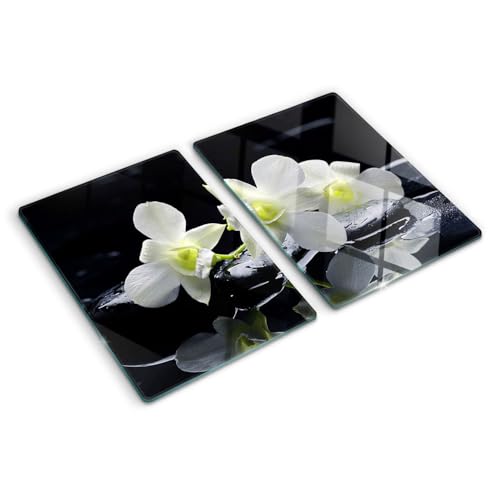 Glasschneidebrett 2x40x52 cm Gehärtetes Glas Hitzebeständig Lebensmittelecht Antibakteriell für die Küche Dekorativ Rutschfest Silikonfüße Plastikfrei 2 Stück Glasplatte - Orchidee von Tulup