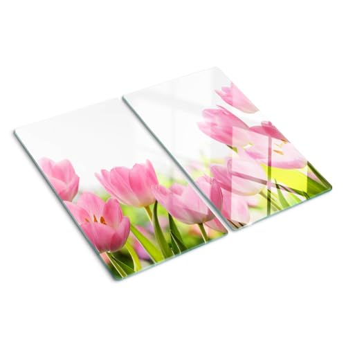 Glasschneidebrett 2x30x52 cm für die Küche Plastikfrei 2 Stück Glasplatte Hitzebeständig Rutschfest Silikonfüße Lebensmittelecht Dekorativ Antibakteriell Gehärtetes Glas - Rosa Tulpen von Tulup