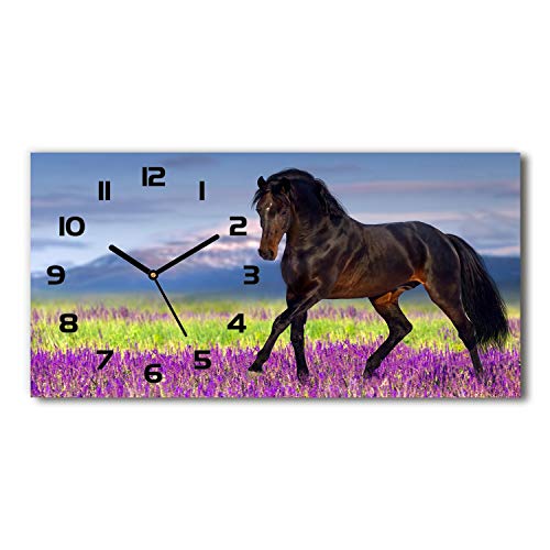 Tulup Wanduhr aus Glas 60x30 cm Glas Uhr Bild Glasuhr Gehärtetes Glas Küchenuhren - Schwarze Zeiger - Pferd auf dem Lavendelfeld von Tulup
