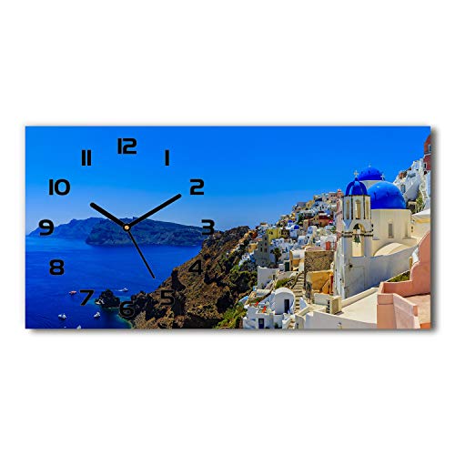 Tulup Wanduhr aus Glas 60x30 cm Glas Uhr Bild Glasuhr Gehärtetes Glas Küchenuhren - Schwarze Zeiger - Santorini, Griechenland von Tulup