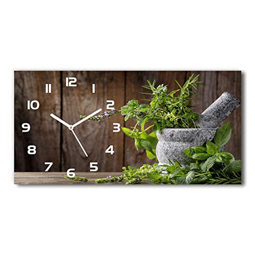 Tulup Wanduhr aus Glas 60x30 cm Glas Uhr Bild Glasuhr Gehärtetes Glas Küchenuhren - weiße Zeiger - Kräuter in einem Mörser von Tulup