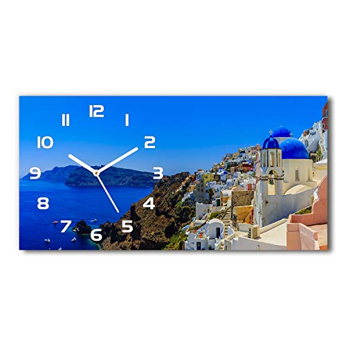 Tulup Wanduhr aus Glas 60x30 cm Glas Uhr Bild Glasuhr Gehärtetes Glas Küchenuhren - weiße Zeiger - Santorini, Griechenland von Tulup