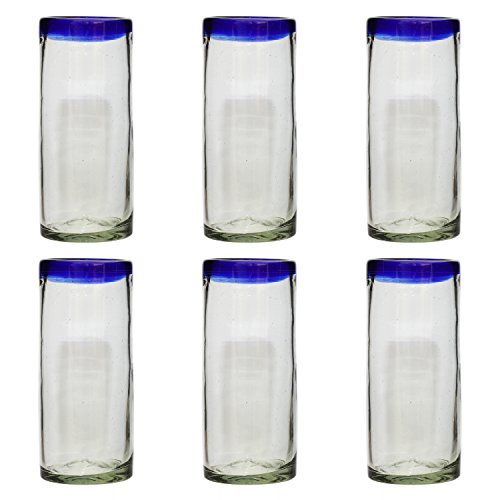 Handgemachtes Hi-Ball Glas - recyceltes Glas - Blauer Rand - Set aus 6 Gläsern von Tumia LAC