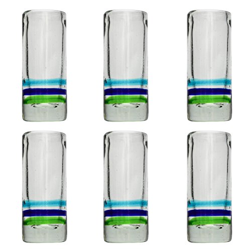 Handgemachtes Tequila/Shot Glas - recyceltes Glas – 3-farbiger Ring - Set aus 6 Gläsern von Tumia LAC