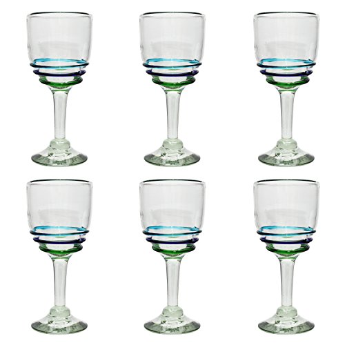 Tumia LAC Handgemachtes Weinglas - mittlere Größe - recyceltes Glas – 3-Farbiger Ring - Set aus 6 Gläsern von Tumia LAC