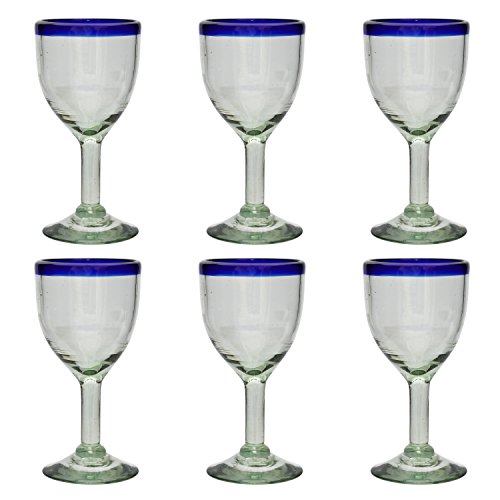 Handgemachtes Weinglas - mittlere Größe - recyceltes Glas - Blauer Rand - Set aus 6 Gläsern von Tumia LAC