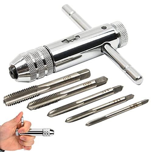 Verstellbarer T-Griff Ratsche Tap Halter Schraubenschlüssel | Einstellbarer T-Griff mit 5 Stück M3-M8 Schraubgewinde Metrischer Stecker Wasserhahn - Handschraubensatz Manueller Gewindebohrer Set Verstellbarer T-Griff Ratsche Tap Halter Schraubenschlüssel | Einstellbarer T-Griff mit 5 Stück M3-M8 Schraubgewinde Metrischer Stecker Wasserhahn - Handschraubensatz Manueller Gewindebohrer Set von Tumotsit