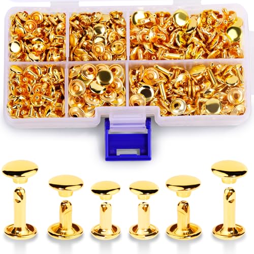 300 Sets Ledernieten, 3 Größen Ledernieten mit doppelter runder Kappe, röhrenförmige Metallnieten für Lederhandwerksreparaturen und Dekorationen (Gold) von Tundi