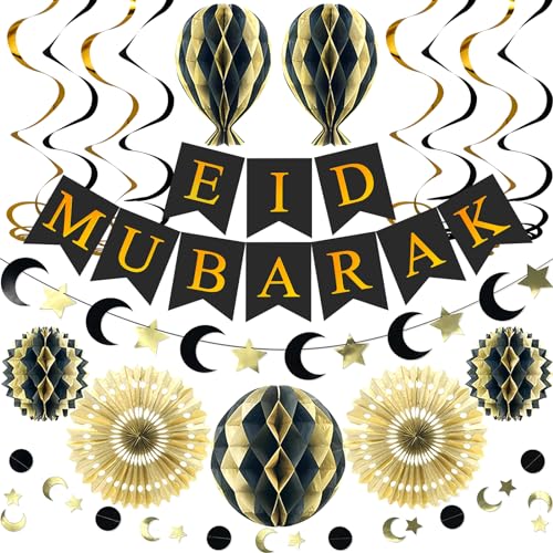 Eid Mubarak Festival Party Dekoration Set, Islam Deko,Dekoration Banner ,Ramadan Deko,Ramadan Mubarak,Wiederverwendbare(Schwarzes Gold) von Tundwhite