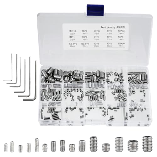 Tunejoy Madenschrauben Sortiment Edelstahl Innensechskant Schrauben Gewindestifte M2.5 M3 M4 M5 M6 M8 Sechskantschrauben mit Inbusschlüssel 300 Stück von Tunejoy