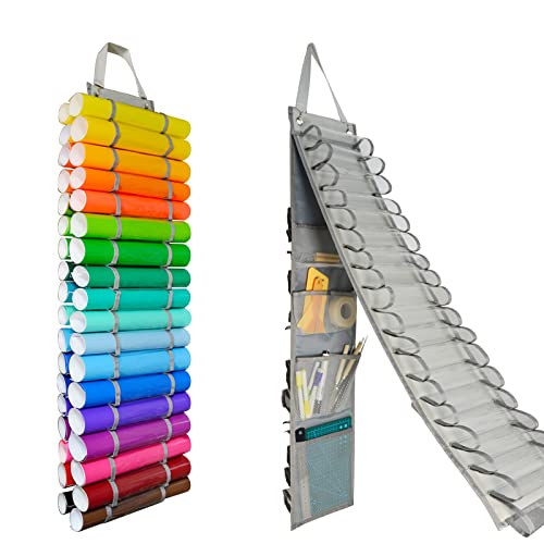 Tunnkit Vinyl-Rollenhalter – 36 Fächer, Vinyl-Aufbewahrungs-Organizer mit 7 Netztaschen, Wandhalterung/über der Tür, Vinyl-Rollenaufbewahrung, mit 2 Haken und 2 hängenden Gurten (grau) von Tunnkit