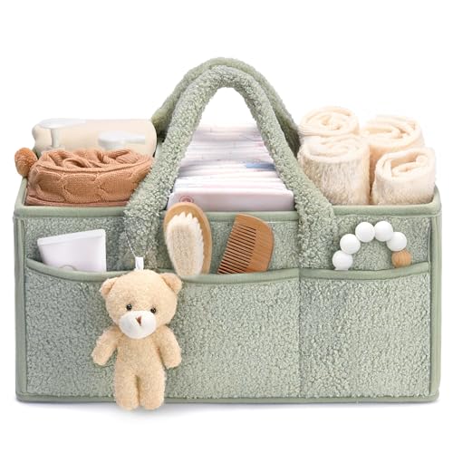 Tuocal Wickeltisch Organizer, Baby Windel Caddy Organizer Korb mit Fächern & Griffen, Tragbarer Baby Aufbewahrungskorb für Windeln und Feuchttüche, Geschenk für Babyparty, Grün von Tuocal