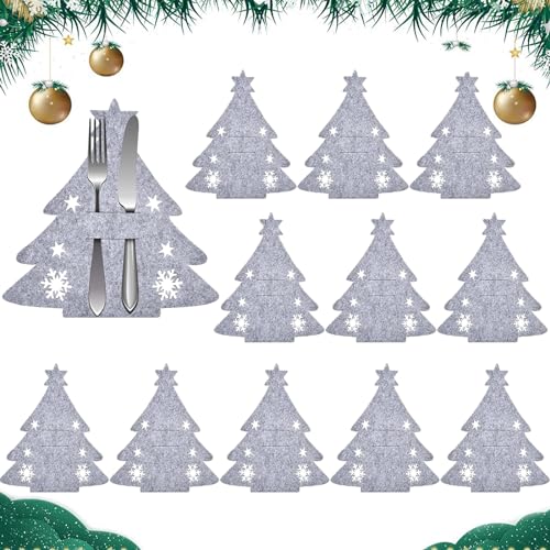 12 Stück Weihnachtsbaum Besteckhalter Bestecktasche Tannenbaum Bestecktasche Weihnachten Weihnachts Messer Gabeln Löffel Geschirr Besteck Taschen für weihnachtstischdekoration (GrauWeihnachtsbaum) von Tuofang