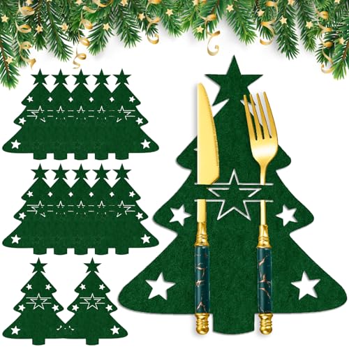 Tuofang 12 Stück Weihnachtsbaum Besteckhalter, Weihnachten Filz Bestecktasche, für Weihnachten Bestecktasche Besteckbeutel Gabel Messer Geschirr Tasche Weihnachtsdeko Tischdeko (SHU2) von Tuofang