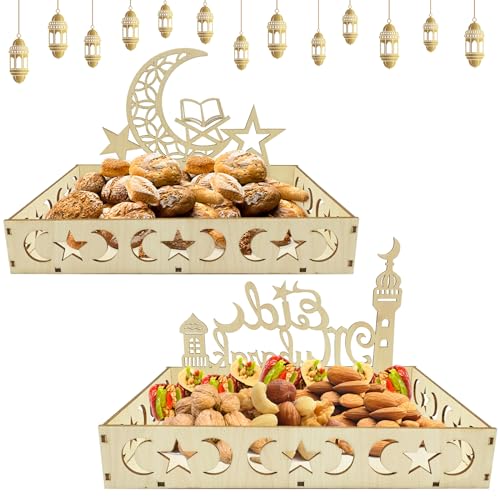 Tuofang 2 Stück Ramadan Deko Tablett, Holztablett Ramadan Deko für Dessertsnacks, Serviertablett mit Mond und Stern Muster Ramadan Kareem Dekoration Teller von Tuofang