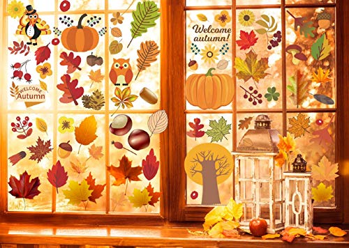 Tuopuda Herbst Fensterbilder Erntedankfest Fensterdeko Herbst Blätter Fensteraufkleber Ahornblätter Truthahn Kürbis Eichel Eule Fenster Sticker Deko für Thanksgiving PVC Statisch Haftende Aufkleber von Tuopuda