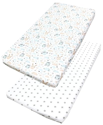 TupTam Baby Spannbettlaken Kinder Spannbetttuch für Babybett Kinderbett 2er Pack, Farbe: Eule Hase Beige/Graue Sterne Weiß, Größe: 60 x 120 cm von TupTam