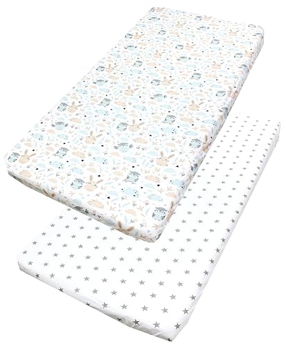 TupTam Baby Spannbettlaken Kinder Spannbetttuch für Babybett Kinderbett 2er Pack, Farbe: Eule Hase Beige/Graue Sterne Weiß, Größe: 90 x 200 cm TupTam Baby Spannbettlaken Kinder Spannbetttuch für Babybett Kinderbett 2er Pack, Farbe: Eule Hase Beige/Graue Sterne Weiß, Größe: 90 x 200 cm von TupTam