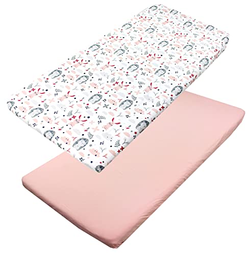 TupTam Baby Spannbettlaken Kinder Spannbetttuch für Babybett Kinderbett 2er Pack, Farbe: Igel/Hase/Rosa, Größe: 60 x 120 cm von TupTam