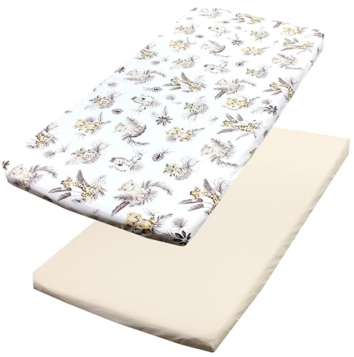 TupTam Baby Spannbettlaken Kinder Spannbetttuch für Babybett Kinderbett 2er Pack, Farbe: Löwe/Blätter/Beige, Größe: 60 x 120 cm von TupTam