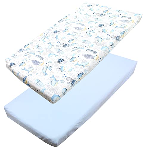 TupTam Baby Spannbettlaken Kinder Spannbetttuch für Babybett Kinderbett 2er Pack, Farbe: Meerestiere Blau, Größe: 60 x 120 cm von TupTam