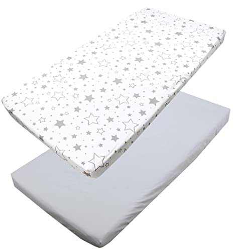 TupTam Baby Spannbettlaken Kinder Spannbetttuch für Babybett Kinderbett 2er Pack, Farbe: Sterne Grau/Weiß, Größe: 90 x 200 cm von TupTam