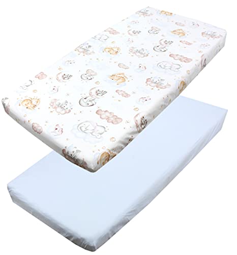 TupTam Baby Spannbettlaken Kinder Spannbetttuch für Babybett Kinderbett 2er Pack, Farbe: Tiere auf Wolken/Blau, Größe: 60 x 120 cm von TupTam