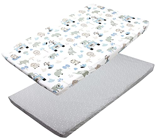 TupTam Baby Spannbettlaken Kinder Spannbetttuch für Babybett Kinderbett 2er Pack, Farbe: Zoo Blau/Sterne/Weiß/Grau, Größe: 70 x 140 cm von TupTam