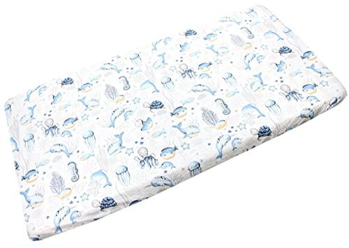 TupTam Baby Spannbettlaken Kinder Spannbetttuch für Babybett Kinderbett Gemustert, Farbe: Meerestiere Blau, Größe: 70 x 140 cm von TupTam