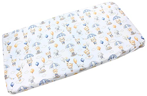 TupTam Baby Spannbettlaken Kinder Spannbetttuch für Babybett Kinderbett Gemustert, Farbe: Tiere mit Fallschirmen/Blau, Größe: 70 x 140 cm von TupTam
