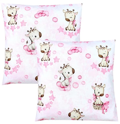 TupTam Kinder Kissenbezug Dekorativ Gemustert mit Hotelverschluss 2er Set, Farbe: Giraffe/Punkte/Rosa, Größe: 40 x 40 cm von TupTam