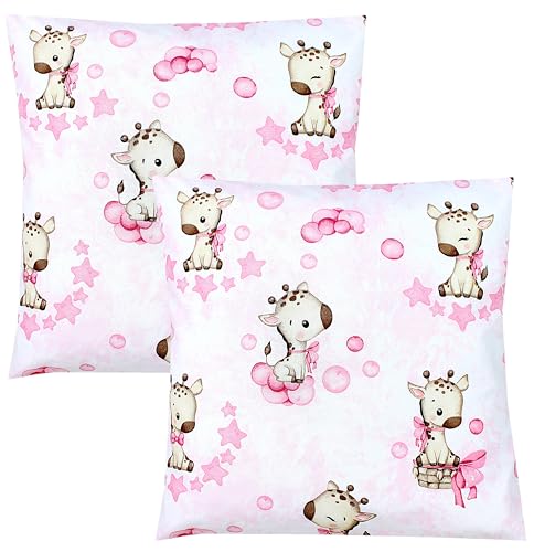 TupTam Kinder Kissenbezug Dekorativ Gemustert mit Hotelverschluss 2er Set, Farbe: Giraffe/Punkte/Rosa, Größe: 40 x 60 cm von TupTam