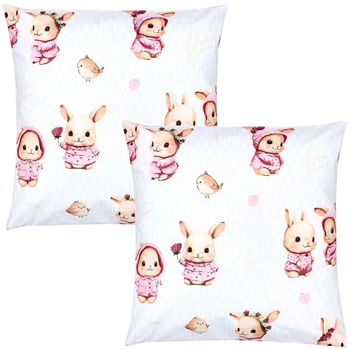 TupTam Kinder Kissenbezug Dekorativ Gemustert mit Hotelverschluss 2er Set, Farbe: Kaninchen/Rosa/Punkte, Größe: 40 x 40 cm von TupTam