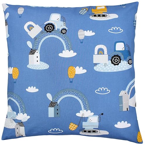 TupTam Kinder Kissenbezug Kissenhülle Dekorativ Gemustert, Farbe: Traktoren/Regenbögen/Blau/Grau, Größe: 40 x 80 cm von TupTam