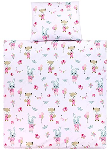 TupTam Unisex Baby Bettwäsche Bettdecke Kopfkissen mit Bezüge Wiegenset 4-teilig, Farbe: Fuchs/Kaninchen/Rosa, Größe: 80x80 cm von TupTam